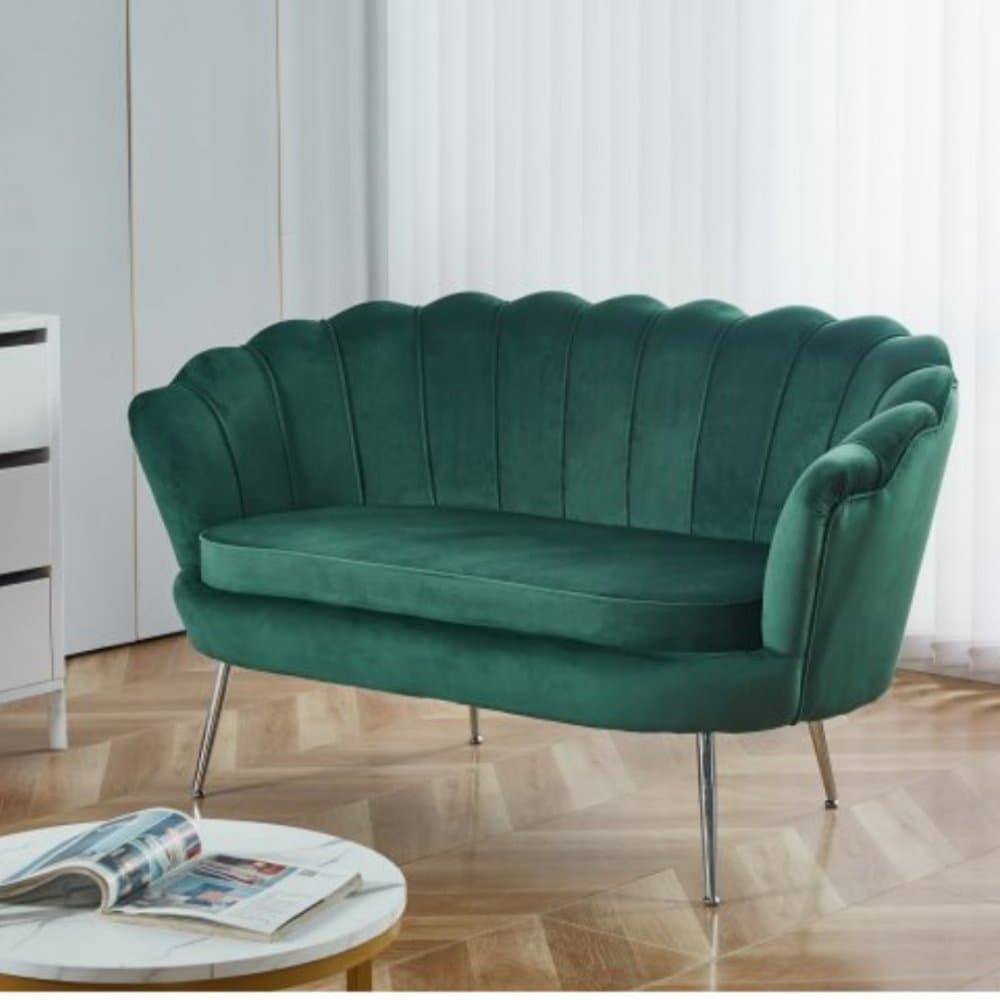 Kingsley 2-sits soffa  Grön sammet & krom | Modern soffa med vågformat ryggstöd