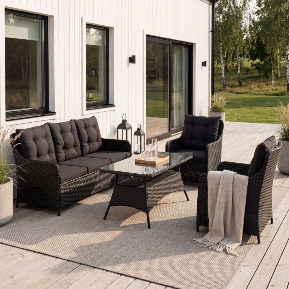 Loungegrupp utemöbler | Svart konstrotting | Rögrund