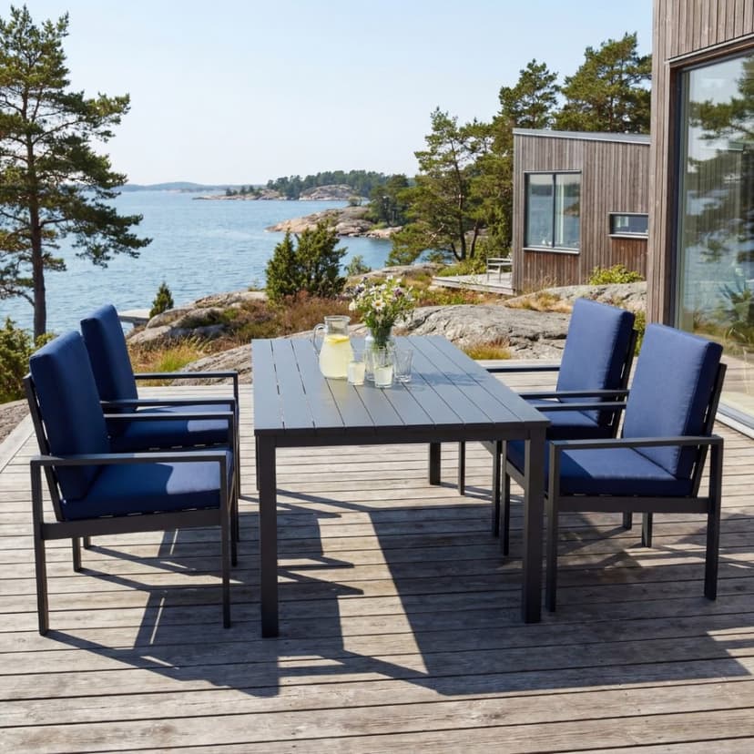 Matgrupp i aluminium | Svart | Bord & 4 stolar | Hamnviken