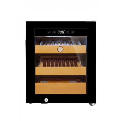 Cigarrhumidor 34L | Premium elektrisk humidor med kompressorkylning | 3 bokträshyllor & UV-skyddad glasdörr