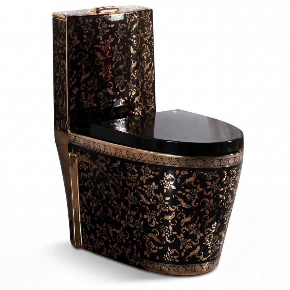 Lyxig svart toalett med gulddetaljer  S-trap 300 mm WC