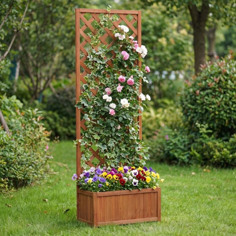 Blomlåda med spalje i trä | 60×30×180 cm | För klätterväxter | Brun