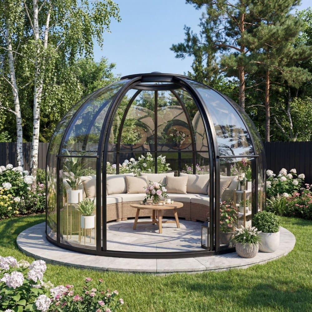 Runt växthus 13,2 m² | Exklusivt Uterum | Svart aluminium & kristallklara polykarbonatpaneler