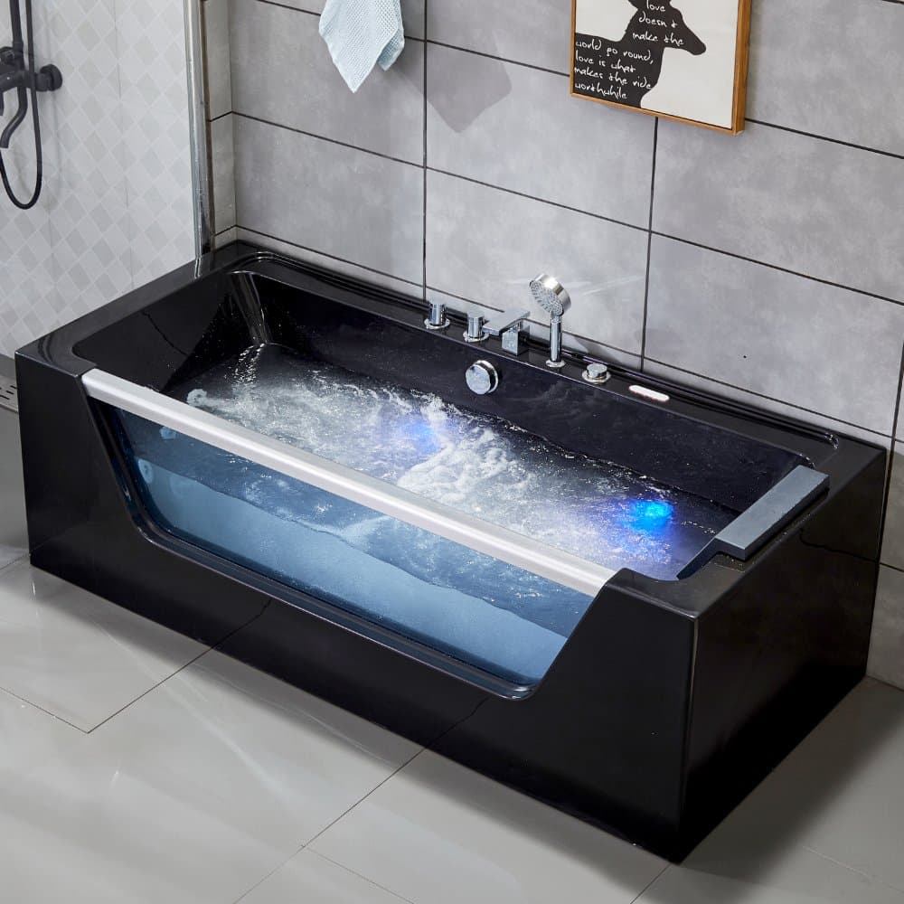 Svart bubbelbadkar | Glasfront, värmare & ljusterapi | 180cm | BK-009V