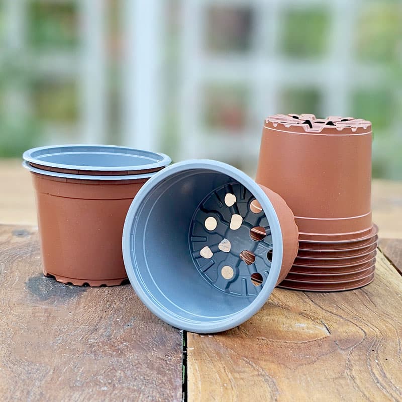 Rund plastkruka 9 cm, terrakotta/grå, 6,8 cm hög, 0,29 l, hållbar plast, 10 st.