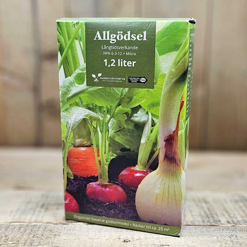 Allgödsel KRAV 1,2 L, KRAV-certifierad, pelleterad form, långtidsverkande, pH 8-9, användning hela växtsäsongen.