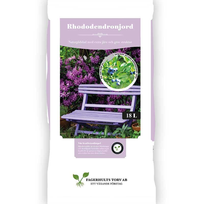 Rhododendronjord, 18 L, siktad 0-50 mm, 10% naturgödsel, pH 4-4,5, för surjordsälskande växter.