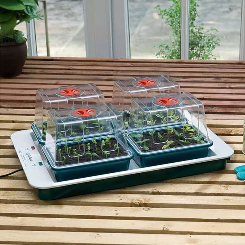 Miniväxthus 4 med undervärme, mått 59,5 x 41 x 20 cm, 50 watt, fyra separata miniväxthus, IPX2, CE-märkt.