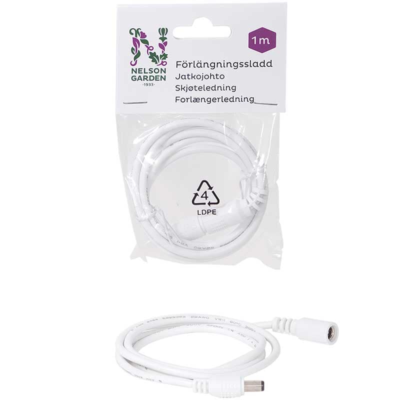 Förlängningssladd till LED-ramp, 1 m, ojordad, DC-plugg 3,0 x 6,3 mm, max 3A, 12-36 V DC.