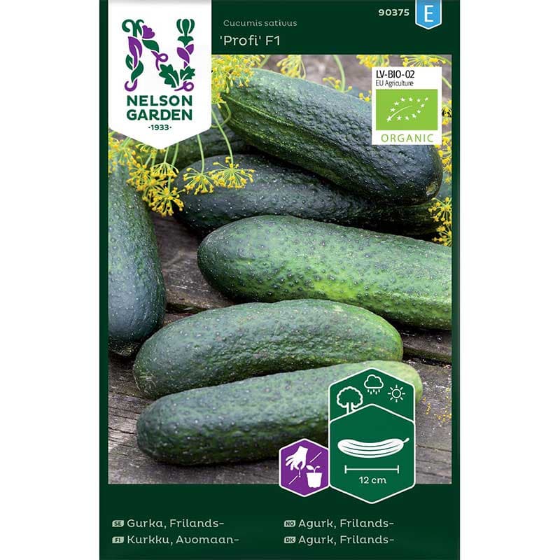Frilandsgurka 'Profi' F1, ekologisk, mörkgröna frukter, räcker till 10 plantor.