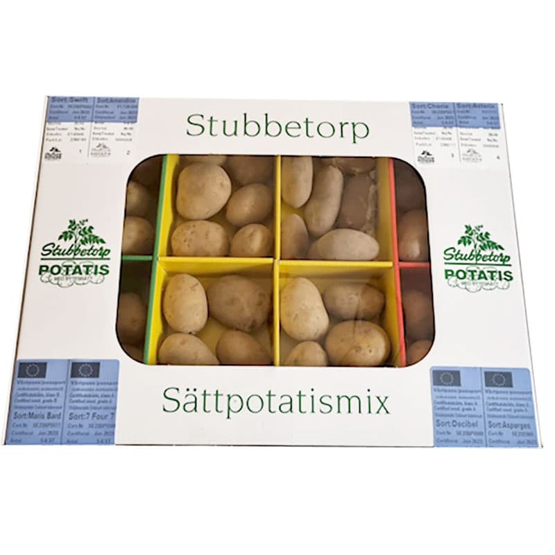 Sättpotatis, mixlåda 8 sorter, 2,8 kg åtta sorter blandat tidiga och sena potatisar